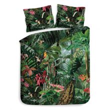 Tropisch dekbedovertrek met kleurrijke bloemen en tropische dieren in een jungle bos.